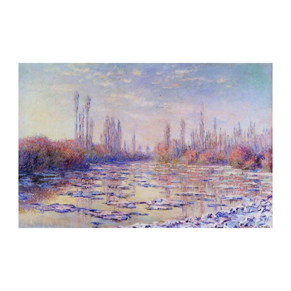 Hand-painted canvas featuring a distant riverside skyline reflected in water under a pastel blue and pink sky.