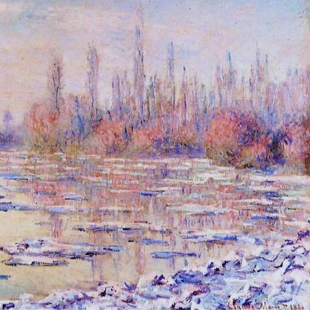 Hand-painted canvas featuring a distant riverside skyline reflected in water under a pastel blue and pink sky.