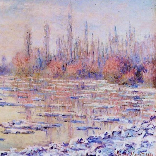Hand-painted canvas featuring a distant riverside skyline reflected in water under a pastel blue and pink sky.