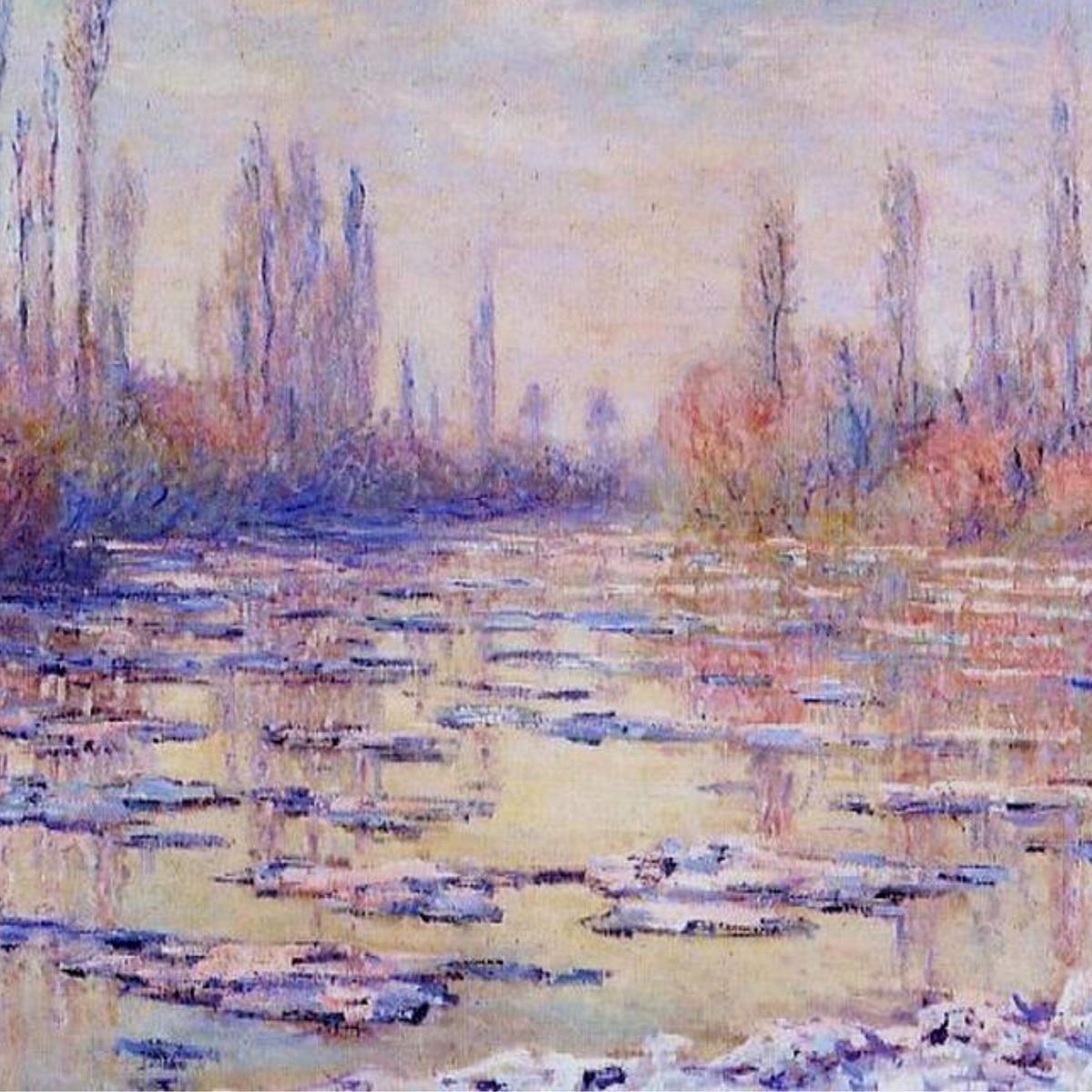 Hand-painted canvas featuring a distant riverside skyline reflected in water under a pastel blue and pink sky.