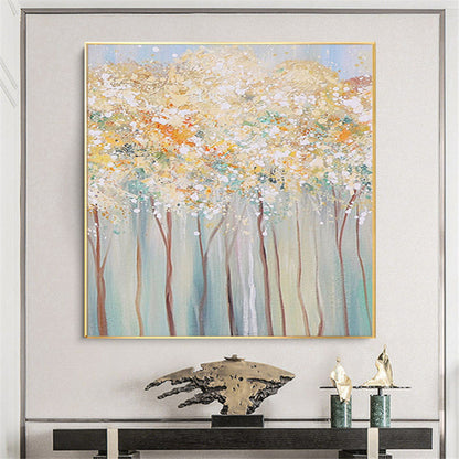 Room mockup. Slender pink and grey tree trunks support pale yellow, white and peach foliage against a muted blue-grey background.