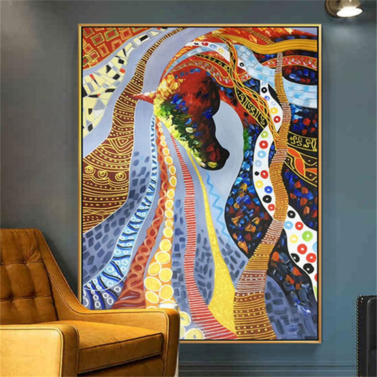 Room mockup. A dark horse head with long blue, yellow, red and white patterned ribbon-like mane against layered decorative shapes.