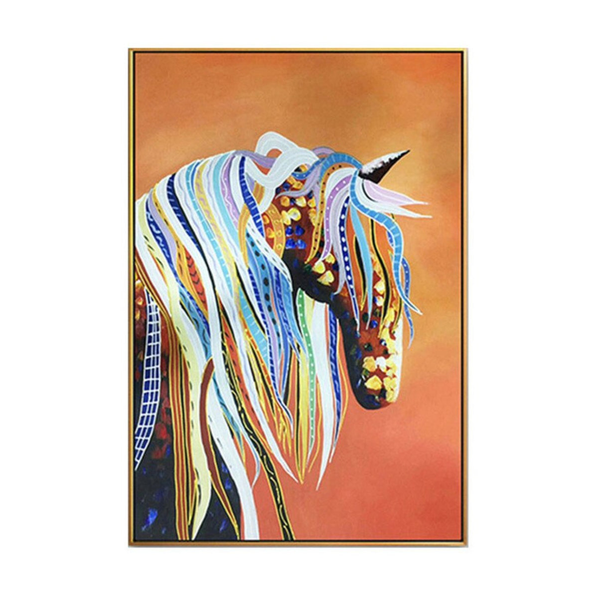 A dark patterned horse head with long white, blue and yellow ribbon-like mane against an orange background.