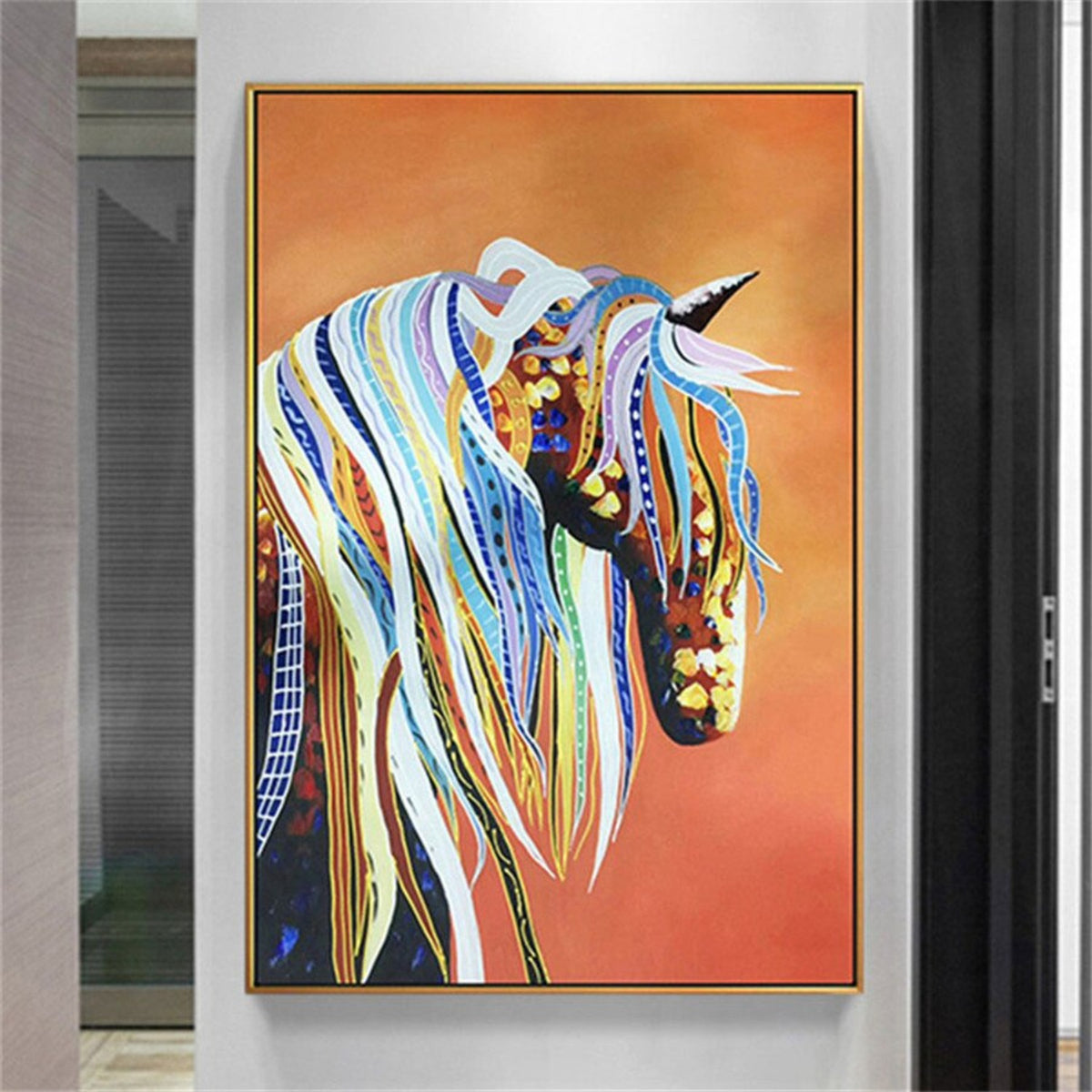 Room mockup. A dark patterned horse head with long white, blue and yellow ribbon-like mane against an orange background.