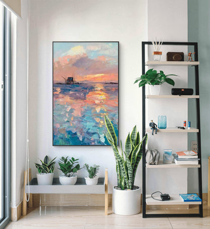 Peaceful Dazzling Sunset Seascape Textured Oil Painting