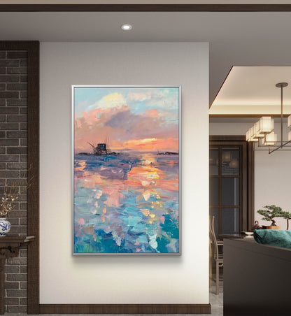 Peaceful Dazzling Sunset Seascape Textured Oil Painting