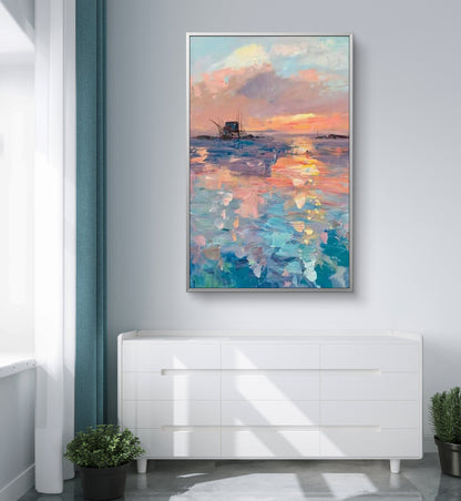 Peaceful Dazzling Sunset Seascape Textured Oil Painting