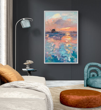 Peaceful Dazzling Sunset Seascape Textured Oil Painting