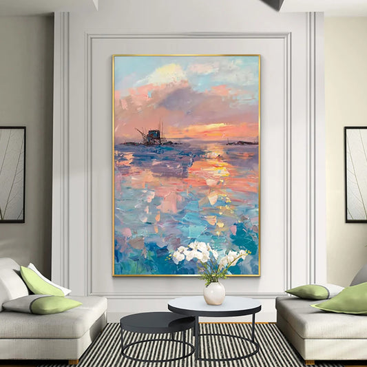 Peaceful Dazzling Sunset Seascape Textured Oil Painting