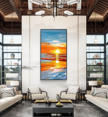 Peaceful Vibrant Seascape Textured Sunset Oil Painting