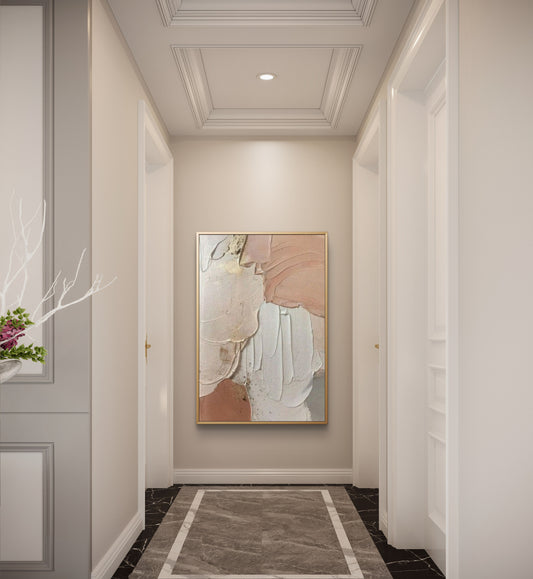 Room mockup. Broad peach, cream and pale grey curved fields with raised ridges and thin gold-coloured edges.
