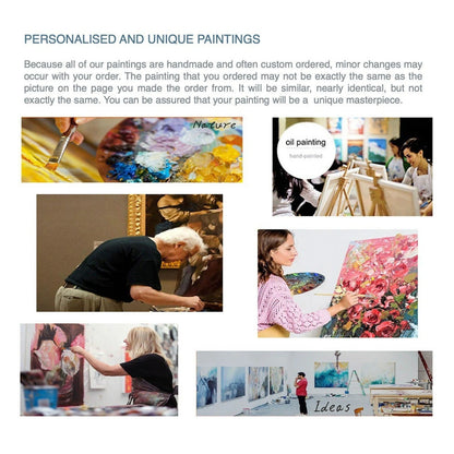 Information card about personalised paintings with photographs of artists at work and colourful artwork details.