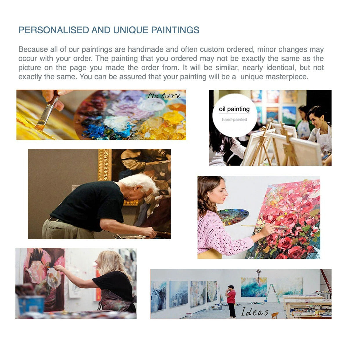 Information card about personalised paintings with photographs of artists at work and colourful artwork details.