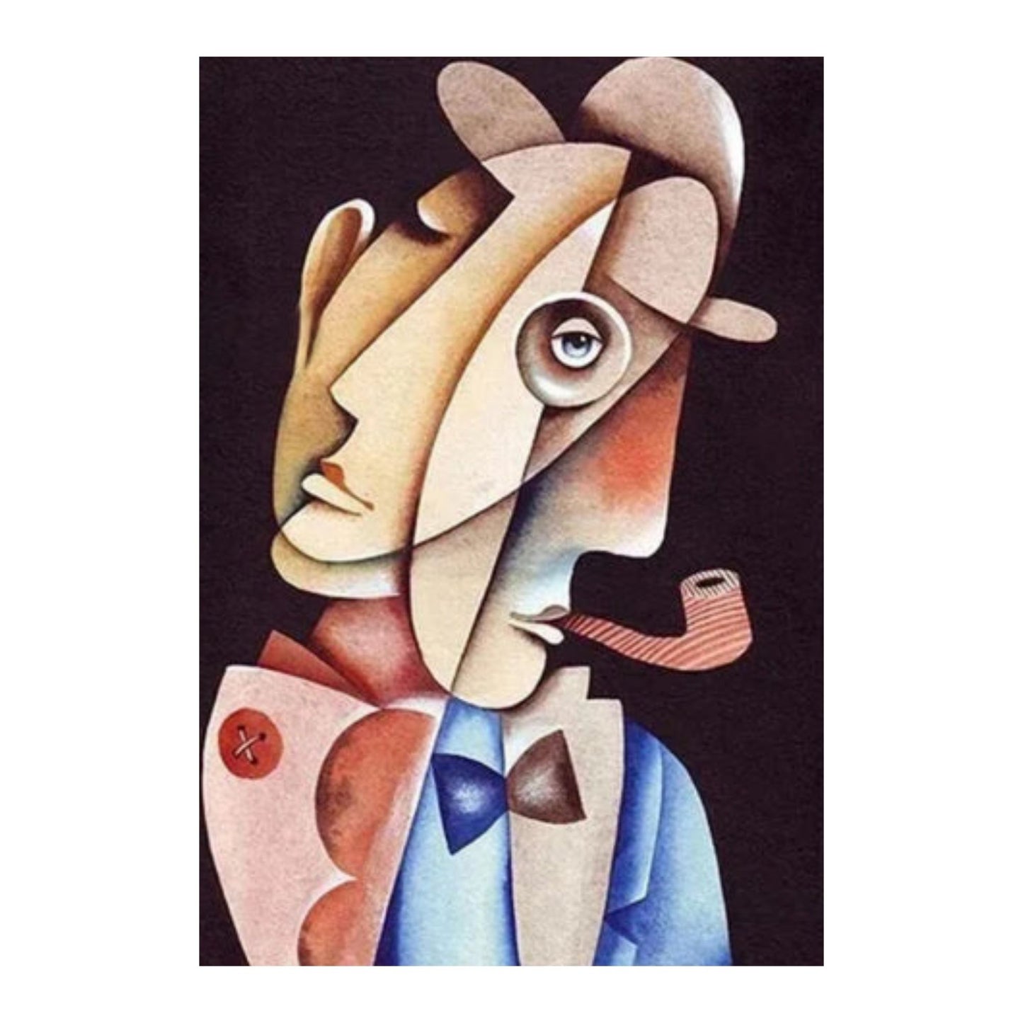 Hand-painted Picasso-style abstract smoker portrait on canvas in Nordic tones