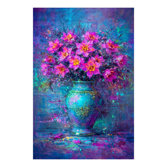 Pink and purple floral painting with a blue-green vase and vivid blue background.