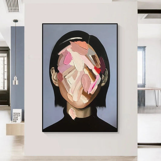 Room mockup showing black-haired woman in a black top, her face obscured by thick pink, beige, white and brown strokes.