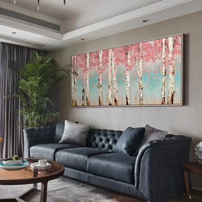 Room mockup showing white birch trunks beneath dense pink blossom-like foliage against a pale teal background.