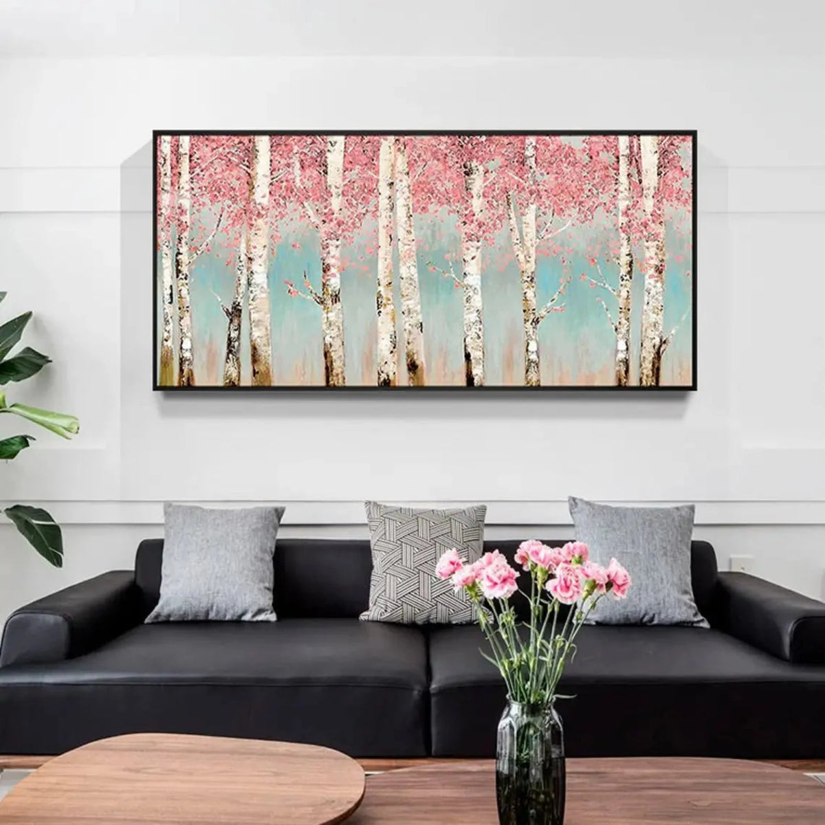 Room mockup showing white birch trunks beneath dense pink blossom-like foliage against a pale teal background.
