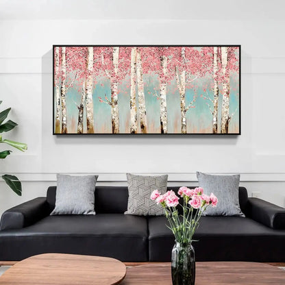 Room mockup showing white birch trunks beneath dense pink blossom-like foliage against a pale teal background.