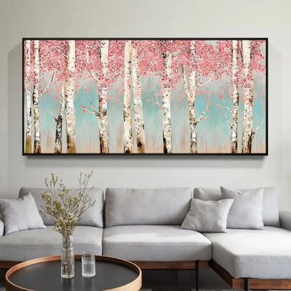 Room mockup showing white birch trunks beneath dense pink blossom-like foliage against a pale teal background.