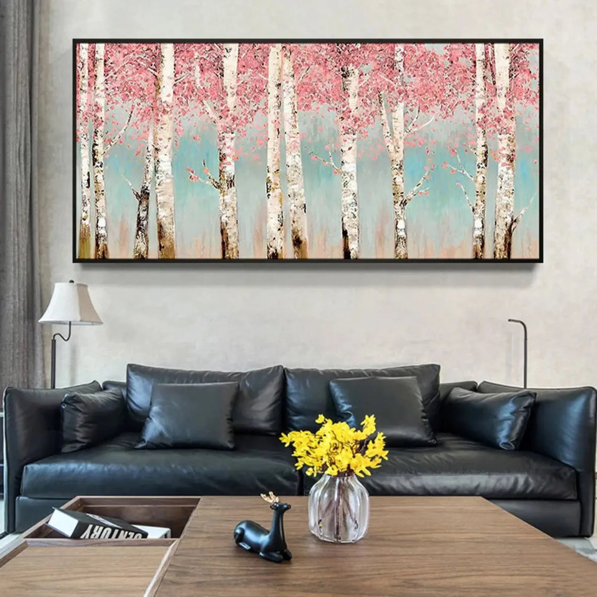 Room mockup showing white birch trunks beneath dense pink blossom-like foliage against a pale teal background.