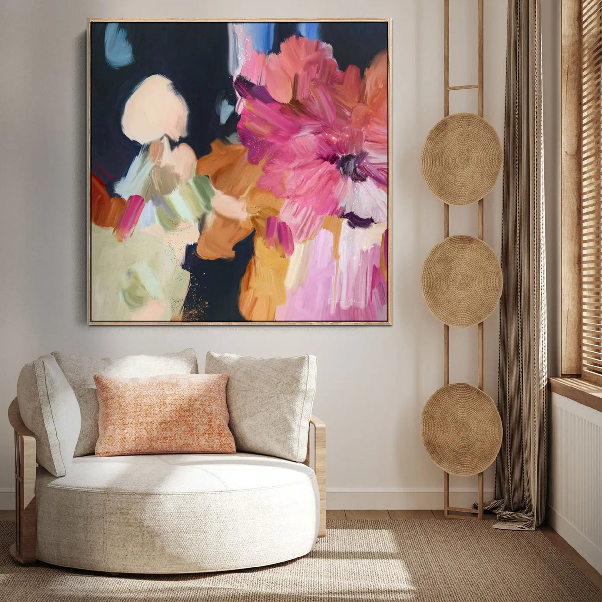 Room mockup. Large loose pink and coral petals with cream, peach and pale green patches against a deep navy field.