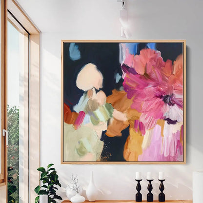 Room mockup. Large loose pink and coral petals with cream, peach and pale green patches against a deep navy field.