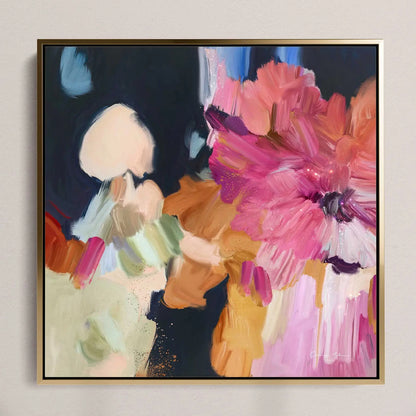 Large loose pink and coral petals with cream, peach and pale green patches against a deep navy field.
