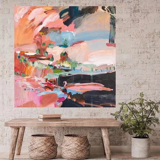 Room mockup showing broad pink, coral and peach marks interrupted by pale blue bands, dark patches and green accents.