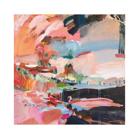 Broad pink, coral and peach marks interrupted by pale blue bands, dark patches and green accents.