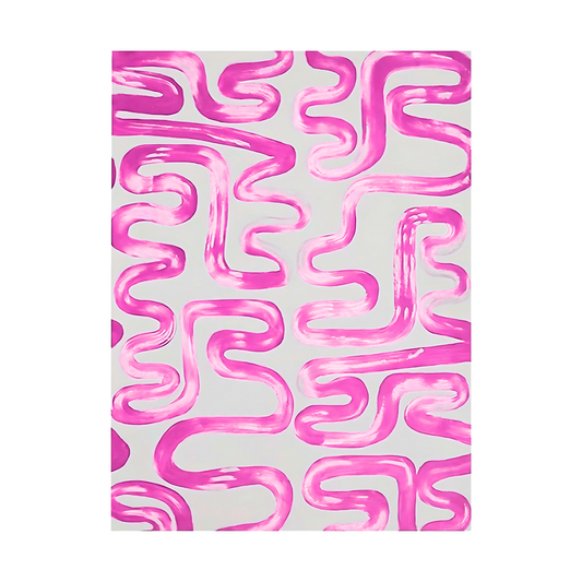 Hand-painted canvas showing pink meandering brushstrokes creating a curved pattern on white.