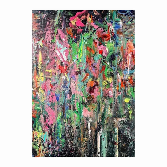 Dense vertical strokes in pink, green, red, turquoise and black with scattered bright marks.