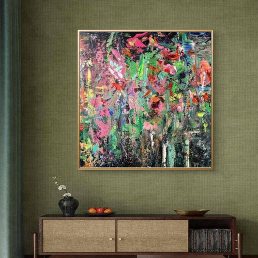 Room mockup showing dense vertical strokes in pink, green, red, turquoise and black with scattered bright marks.