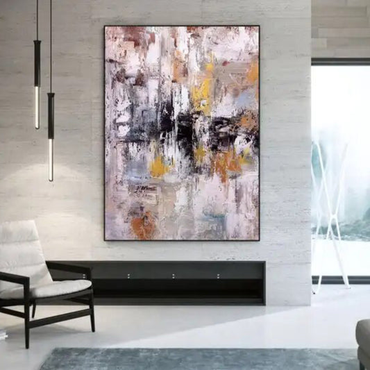 Room mockup. Pale pink and grey layered strokes with a broken black central band and scattered yellow and ochre accents.