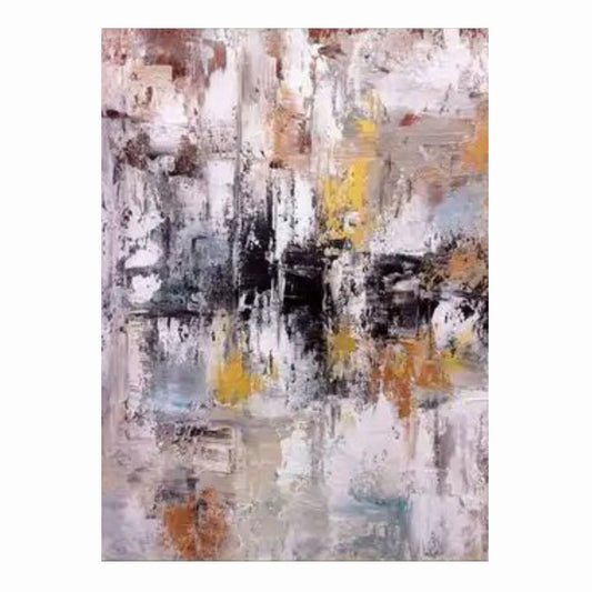 Pale pink and grey layered strokes with a broken black central band and scattered yellow and ochre accents.