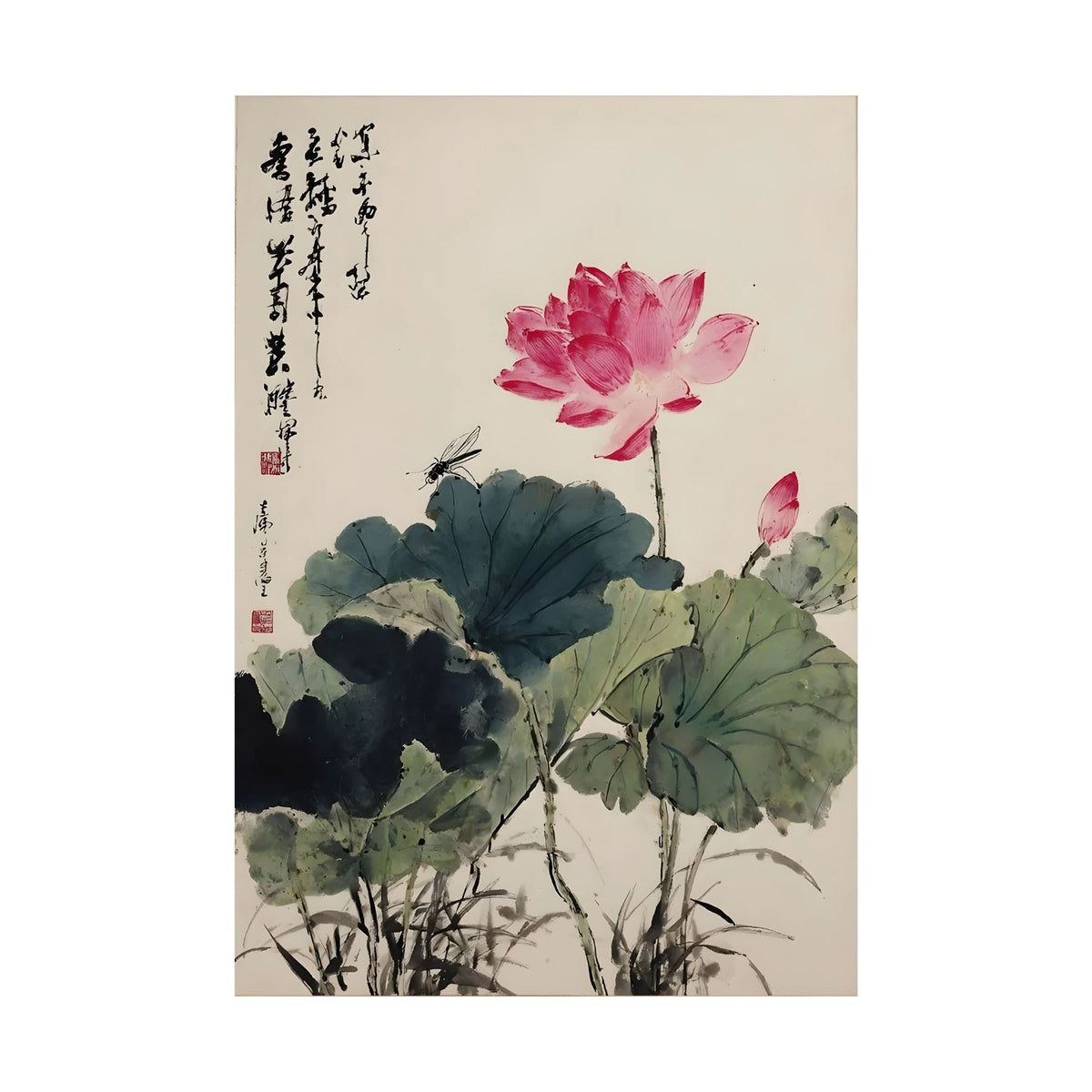 Hand-painted canvas featuring a pink lotus flower with broad green leaves, a dragonfly and calligraphic marks.