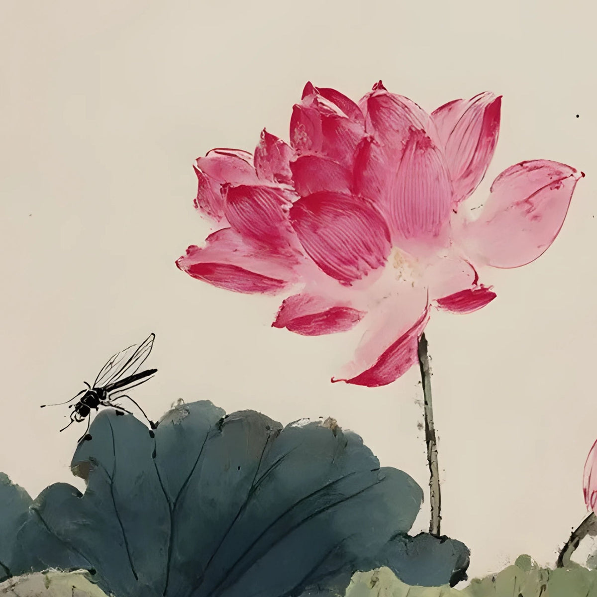 Hand-painted canvas featuring a pink lotus flower with broad green leaves, a dragonfly and calligraphic marks.