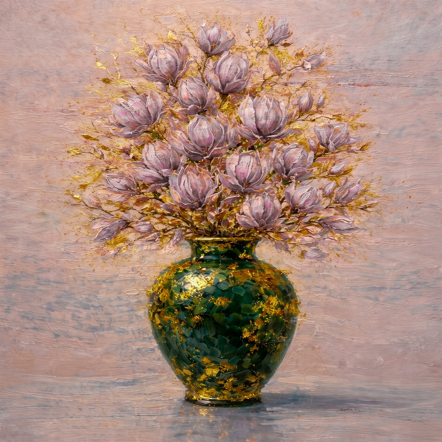 Pink Magnolia Vase Painting with Gold Leaf Art