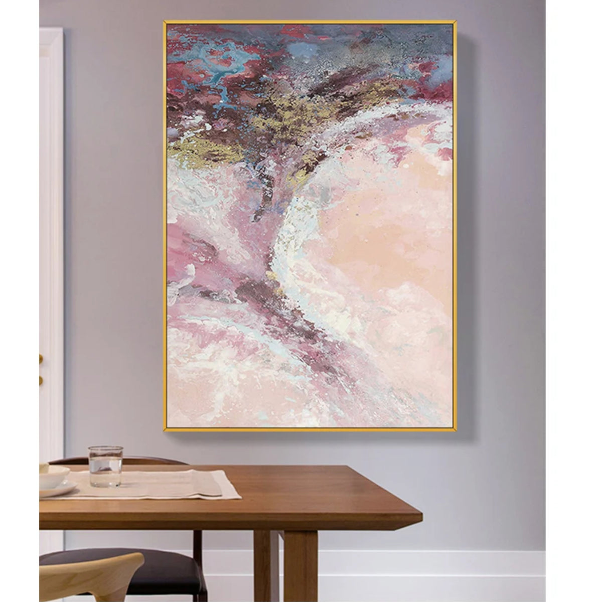 Room mockup showing sweeping pink, mauve and white textured forms with gold-coloured accents beneath a dark blue-grey upper area.