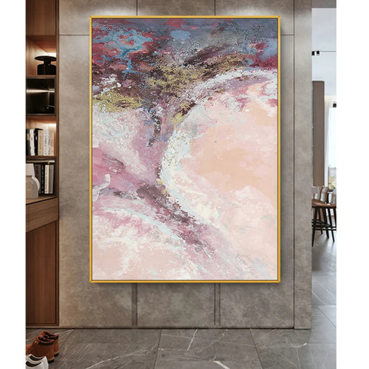Room mockup showing sweeping pink, mauve and white textured forms with gold-coloured accents beneath a dark blue-grey upper area.