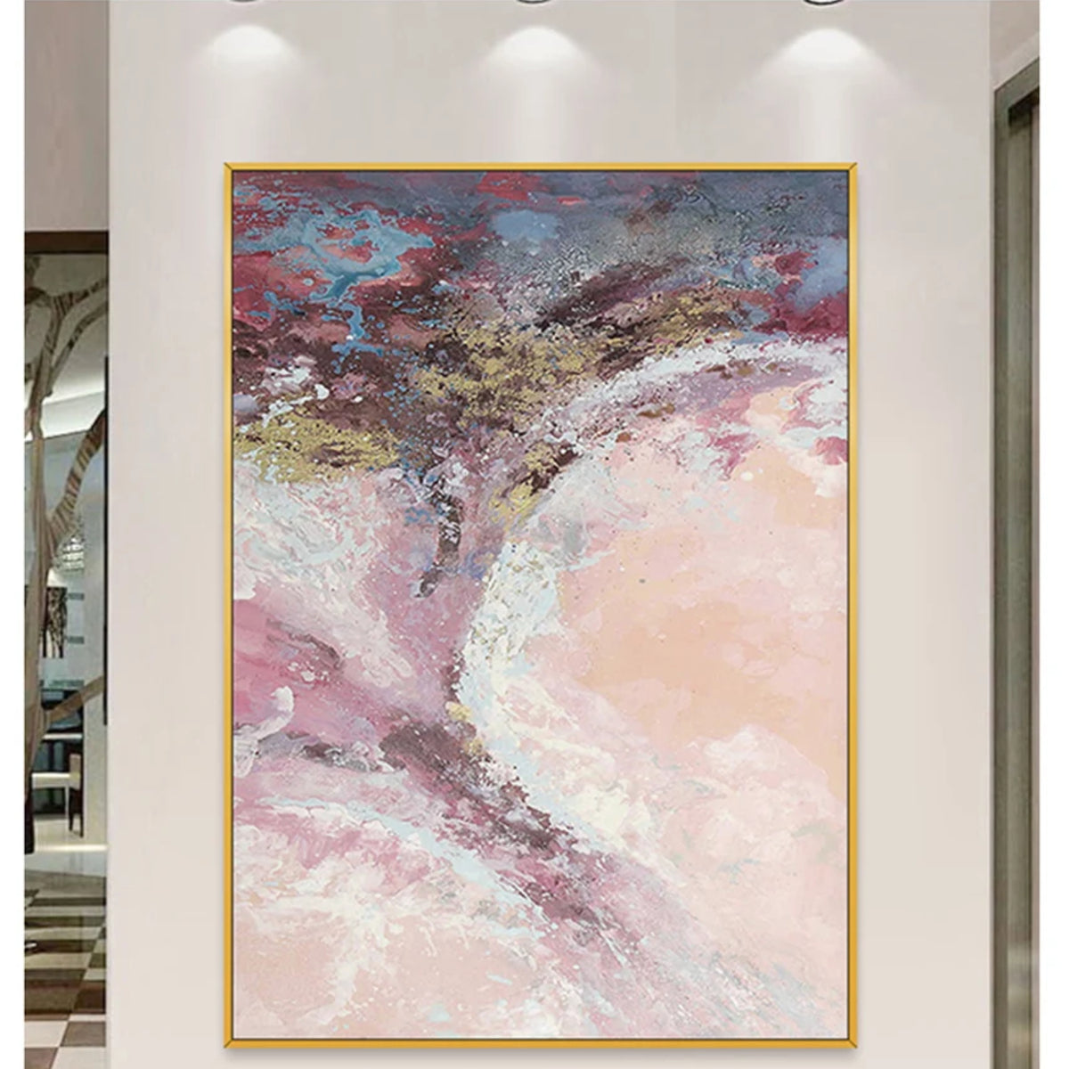 Room mockup showing sweeping pink, mauve and white textured forms with gold-coloured accents beneath a dark blue-grey upper area.