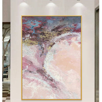 Room mockup showing sweeping pink, mauve and white textured forms with gold-coloured accents beneath a dark blue-grey upper area.