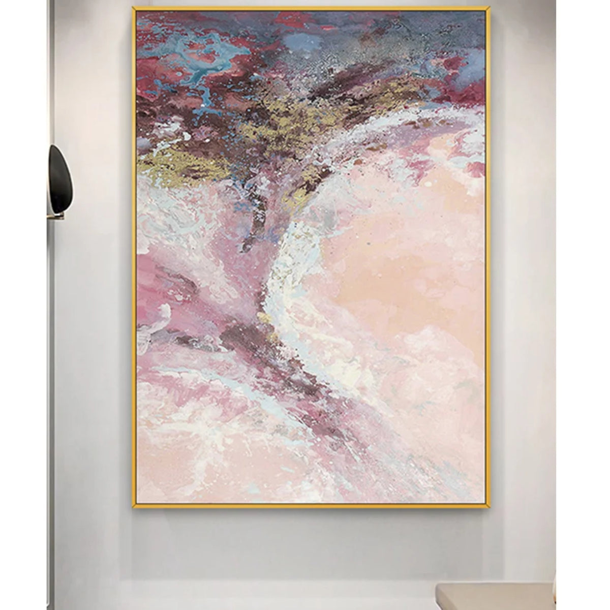 Room mockup showing sweeping pink, mauve and white textured forms with gold-coloured accents beneath a dark blue-grey upper area.