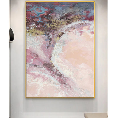 Room mockup showing sweeping pink, mauve and white textured forms with gold-coloured accents beneath a dark blue-grey upper area.