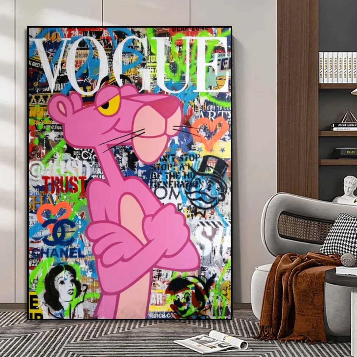 Room mockup showing pink Panther with crossed arms against a dense green, blue and orange graffiti collage beneath white Vogue lettering.
