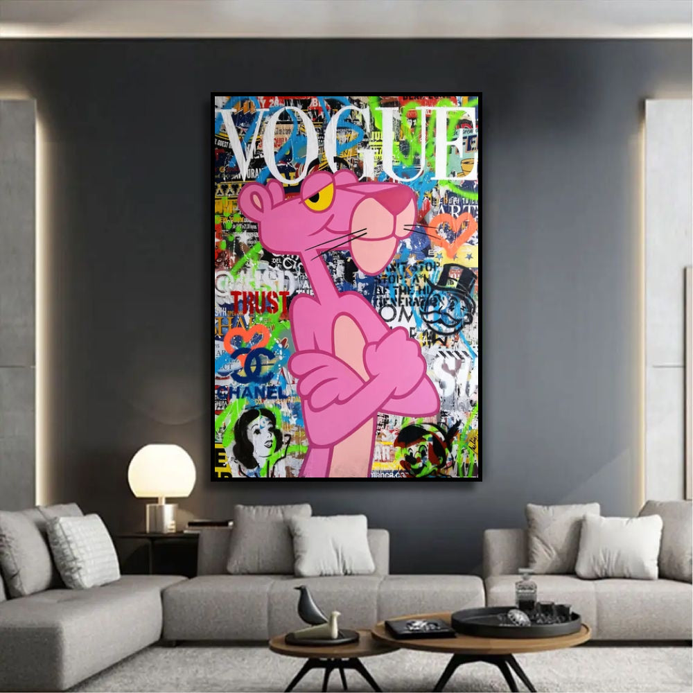 Room mockup showing pink Panther with crossed arms against a dense green, blue and orange graffiti collage beneath white Vogue lettering.