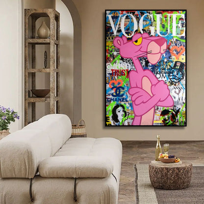 Room mockup showing pink Panther with crossed arms against a dense green, blue and orange graffiti collage beneath white Vogue lettering.