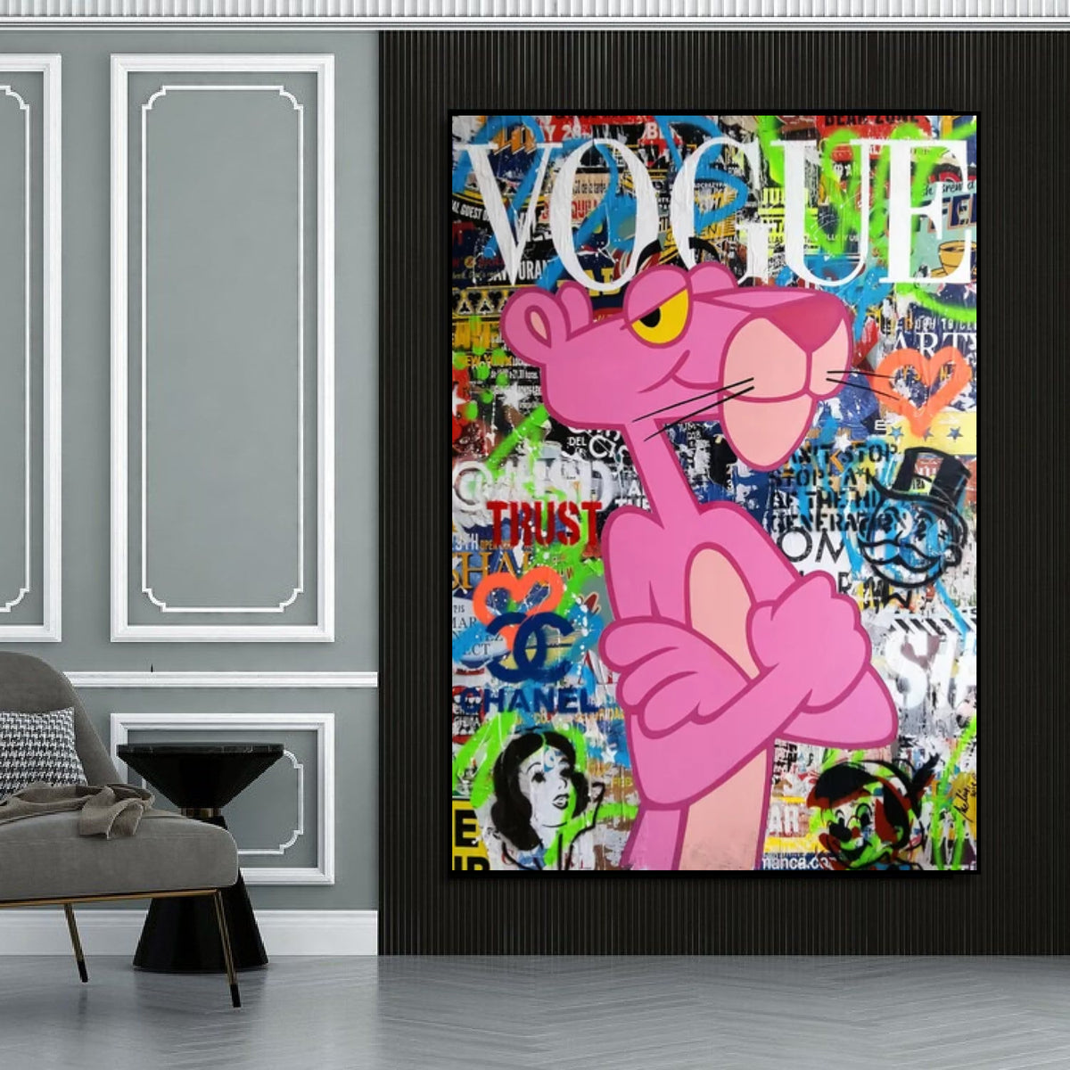 Room mockup showing pink Panther with crossed arms against a dense green, blue and orange graffiti collage beneath white Vogue lettering.