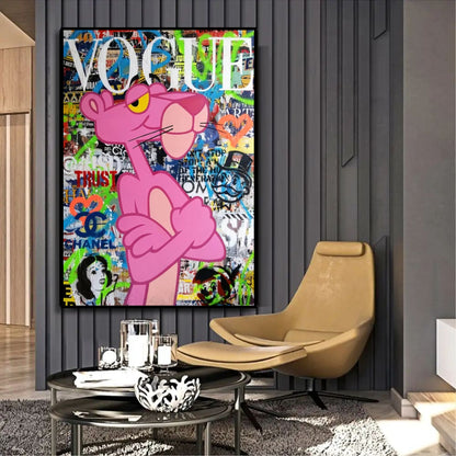 Room mockup showing pink Panther with crossed arms against a dense green, blue and orange graffiti collage beneath white Vogue lettering.