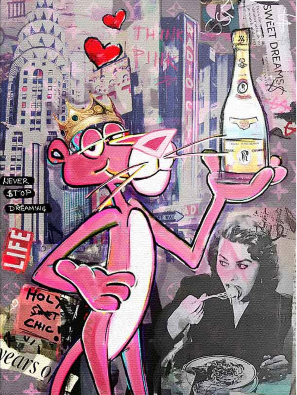 Pink cartoon panther wearing a crown and holding a champagne bottle amid city imagery, hearts and text.